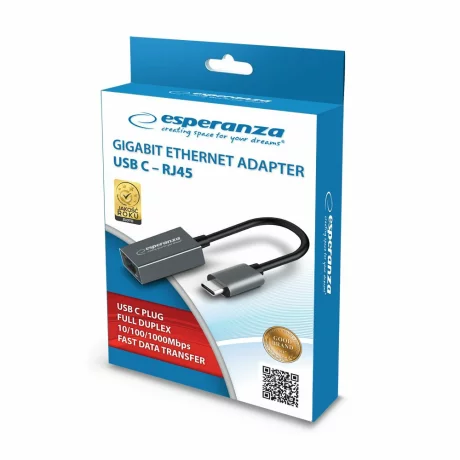 Adaptor de retea Esperanza ENA102, 1000Mbps, USB C-RJ-45, cablu 18 cm, Gri