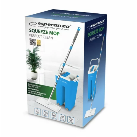 Set mop+galeata Esperanza Perfect Clean 002, EHS004, 125cm, cap mobil, microfibra, Alb/Albastru