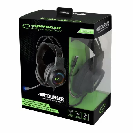 Casti gaming cu microfon Esperanza Courser, EGH7100, RGB, stereo, 1.5m, Negru/Verde