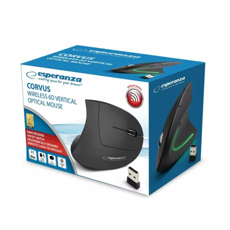 Mouse optic vertical wirelss Esperanza Corvus, EM133, 6 butoane, USB, 1600dpi, Negru