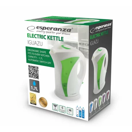 Fierbator electric Esperanza Iguazu, EKK018G, 2200W, 1.7l, Alb/Verde
