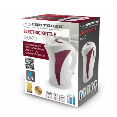 Fierbator electric Esperanza Iguazu, EKK018R, 2200W, 1.7l, Alb/Rosu