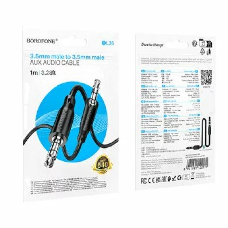 Cablu audio AUX Borofone AUX BL26 Standard, jack 3.5mm la jack 3.5mm, 1m, Negru