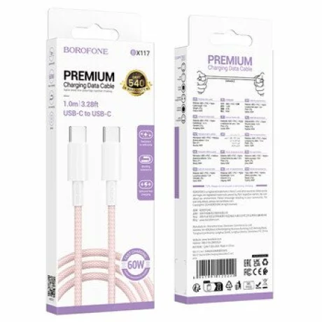 Cablu Date si Incarcare Type-C la Type-C Borofone Cable BX117 Source, 1m, 3A, Roz