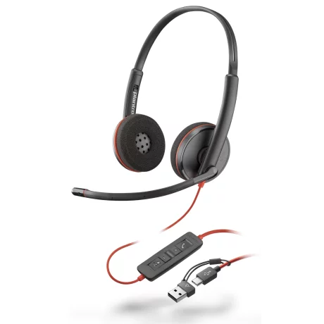 Casti Poly Blackwire 3220, adaptor USB-C/A, cu fir, negru