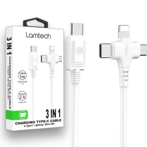 Cablu Date si Incarcare Lamtech, 3in1, USB la Type-C/Lightning/Micro USB, 2A, 1m, Alb