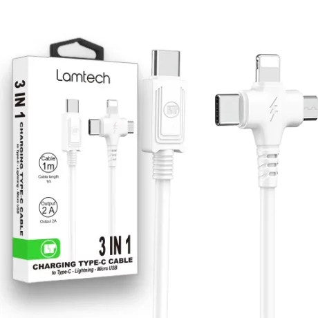 Cablu Date si Incarcare Lamtech, 3in1, USB la Type-C/Lightning/Micro USB, 2A, 1m, Alb
