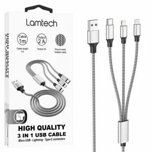 Cablu Date si Incarcare Lamtech, 3in1, USB la Type-C/Lightning/Micro USB, Invelis metalic, 2A, 1m, Argintiu