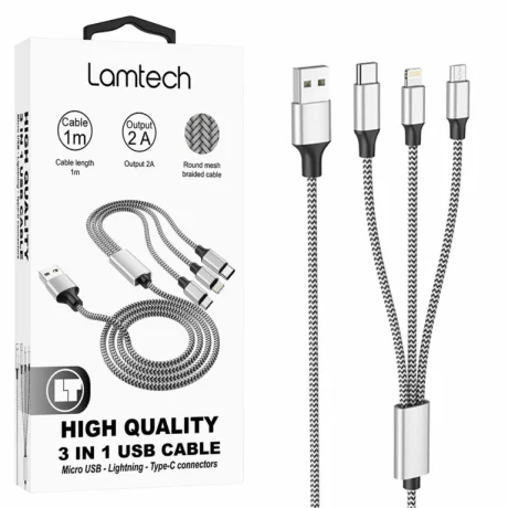 Cablu Date si Incarcare Lamtech, 3in1, USB la Type-C/Lightning/Micro USB, Invelis metalic, 2A, 1m, Argintiu