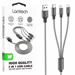 Cablu Date si Incarcare Lamtech, 3in1, USB la Type-C/Lightning/Micro USB, Invelis metalic, 2A, 1m, Negru