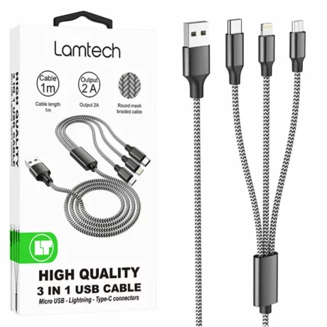 Cablu Date si Incarcare Lamtech, 3in1, USB la Type-C/Lightning/Micro USB, Invelis metalic, 2A, 1m, Negru