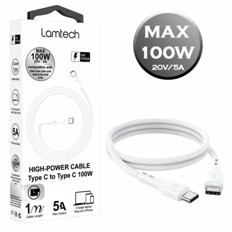 Cablu Date si Incarcare Lamtech, Type-C la Type-C, Fast charge, 100W, 1m, Alb