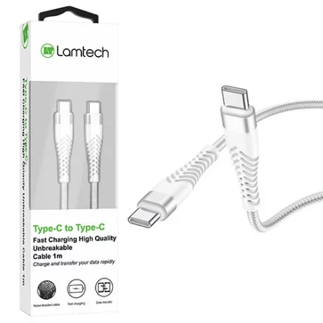 Cablu Date si Incarcare Lamtech, Type-C la Type-C, Incasabil, 1m, Alb