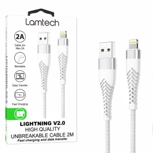 Cablu Date si Incarcare Lamtech, USB la Lightning, Incasabil, 2A, 2m, Argintiu