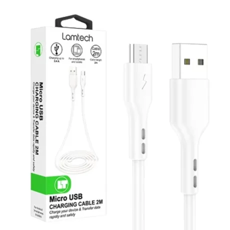 Cablu Date si Incarcare Lamtech, USB la MicroUSB, 2.4A, 2m, Alb