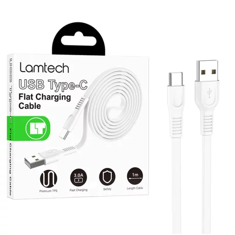 Cablu Date si Incarcare Lamtech, USB la Type-C, Plat, 3A, 1m, Alb