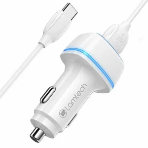Incarcator auto Lamtech, 2xUSB 2,4A, Cablu Type-C 1m, Alb