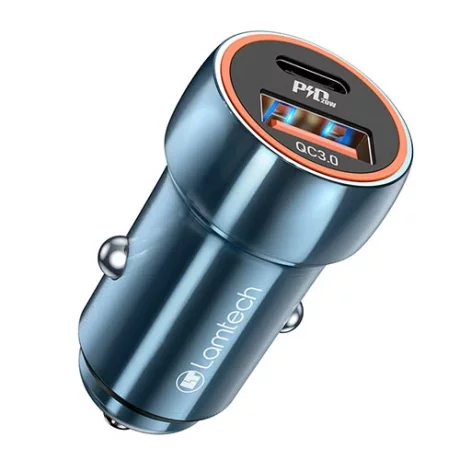 Incarcator auto Lamtech, Metal, 2xUSB, QC3.0, PD20W, Albastru