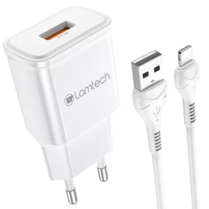 Incarcator retea Lamtech, 18W, QC3.0, 1xUSB, Cablu Lightning 1m inclus, Alb