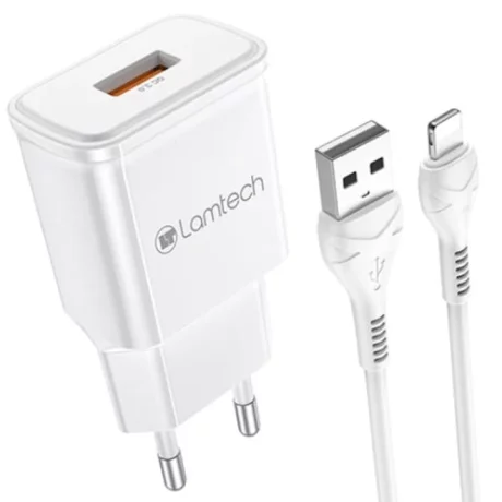 Incarcator retea Lamtech, 18W, QC3.0, 1xUSB, Cablu Lightning 1m inclus, Alb