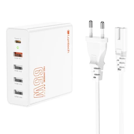 Incarcator retea Lamtech, GaN Fast Charge, PD, 65W, 1xUSB Type-C, 4xUSB QC3.0, Alb