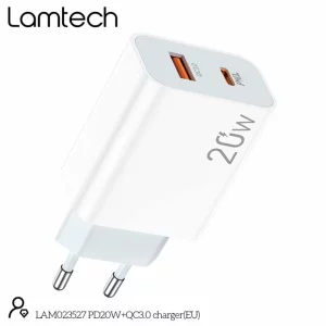 Incarcator retea Lamtech, QC3.0, PD, 20W, 1xUSB, 1xUSB Type-C, Alb