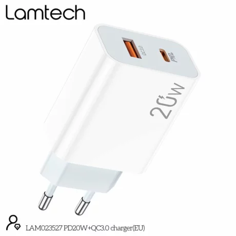Incarcator retea Lamtech, QC3.0, PD, 20W, 1xUSB, 1xUSB Type-C, Alb