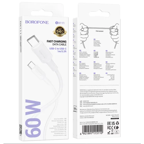 Cablu Date si Incarcare Type-C la Type-C Borofone BX111 Feliz 1m, 3A, Alb