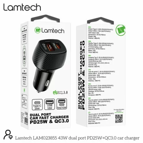 Incarcator auto Lamtech, 1xUSB, 1xType-C, PD25W, USB 18W, Negru
