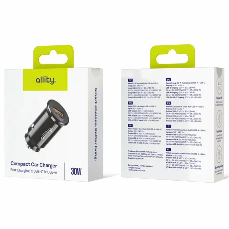 Incarcator auto Allity ACC-100-30WAC, 1x USB-C, 1x USB-A, 30W, Negru