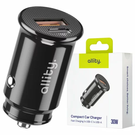 Incarcator auto Allity ACC-100-30WAC, 1x USB-C, 1x USB-A, 30W, Negru