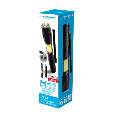 Lanterna LED Esperanza Dione, EOT070, +lumina laterala COB, 250 lumeni, Negru