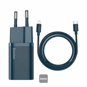 Incarcator retea Baseus TZCCSUP-B03, Super Si 1C fast charger,1xUSB Type-C, 20W, PD, Cablu inclus USB Type-Cla Lightning, 1m, Albastru