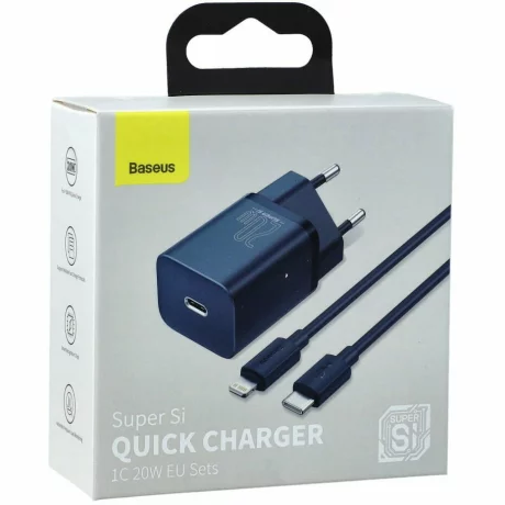 Incarcator retea Baseus TZCCSUP-B03, Super Si 1C fast charger,1xUSB Type-C, 20W, PD, Cablu inclus USB Type-Cla Lightning, 1m, Albastru