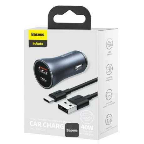 Set Incarcator auto Baseus Golden Contactor Pro, USB-C + USB-A, 40W, cablu inclus, Gri – TZCCJD-0G