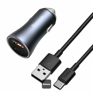 Set Incarcator auto Baseus Golden Contactor Pro, USB-C + USB-A, 40W, cablu inclus, Gri – TZCCJD-0G