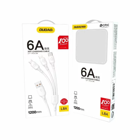 Cablu de date si incarcare universal Dudao, USB-A/USB-C/Micro USB/Lightning, 1.2m, Alb