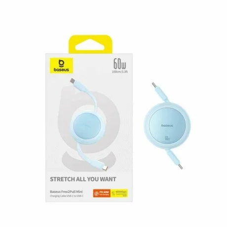 Cablu mini Baseus Free2Pull, USB-C la USB-C, 60W, 1 m, Albastru – P10364500311-01