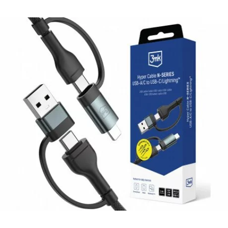 Cablu Date si Incarcare 3mk, Hyper N-SERIES, 2in2 USB-A/USB-C si USB-C/Lightning, 1.2m, 9V/2A, 60W, Negru