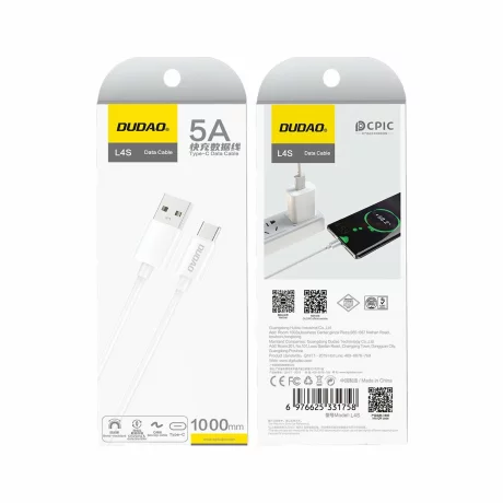 Cablu de date si incarcare Dudao, USB-A to USB-C , 5A, 1m, Alb