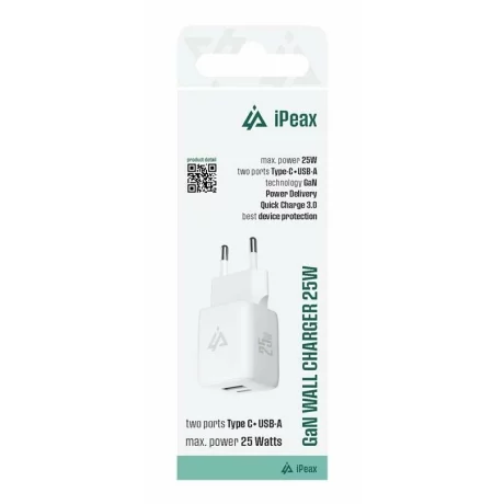 Incarcator Retea iPEAX GaN 25W (USB-C + USB-A), Alb
