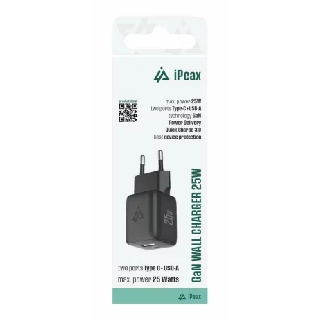 Incarcator Retea iPEAX GaN 25W (USB-C + USB-A), Negru