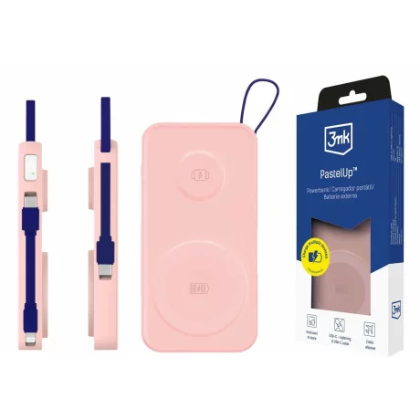 Acumulator extern 3MK, 10.000mAh, 22.5W, MagSafe QI, Cablu USB-C la Lightning, Roz