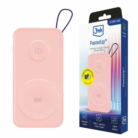 Acumulator extern 3MK, 10.000mAh, 22.5W, MagSafe QI, Cablu USB-C la Lightning, Roz