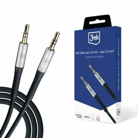 Cablu AUX, 3MK, Aluminiu/Silicon, 2xmini Jack 3.5 mm, 1 m, Negru