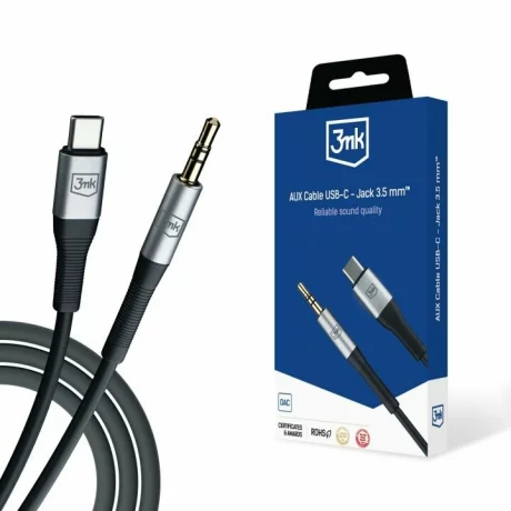 Cablu AUX, 3MK, Aluminiu/Silicon, USB-C la Jack 3.5 mm, 1 m, Negru