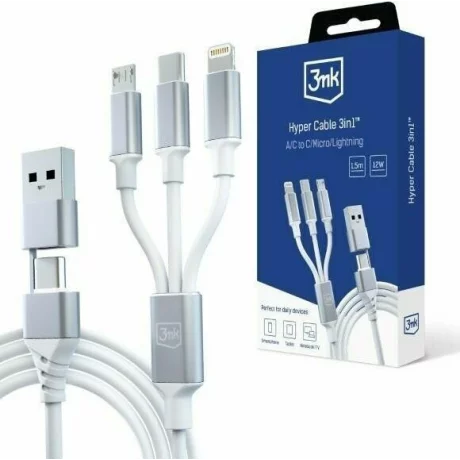 Cablu Date si Incarcare 3mk, Hyper, 3in1, USB-A/C la USB-C/Lightning/Micro USB, 1.5m, Alb