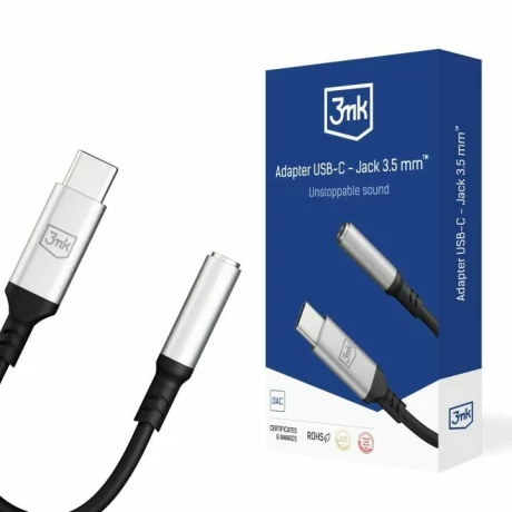 Adaptor audio 3mk, USB-C la Jack 3.5 mm, Gri/Negru