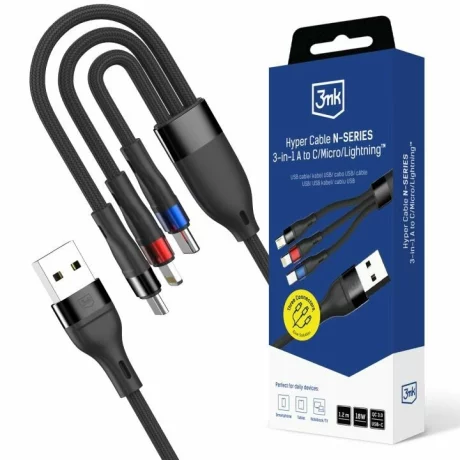 Cablu Date si Incarcare 3mk, Hyper N-SERIES, 3in1, USB-A la USB-C/Lightning/Micro USB, 1.2m, 9V/2A, 18W, Negru