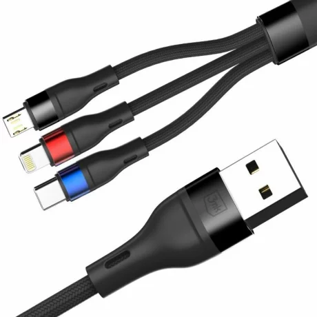 Cablu Date si Incarcare 3mk, Hyper N-SERIES, 3in1, USB-A la USB-C/Lightning/Micro USB, 1.2m, 9V/2A, 18W, Negru
